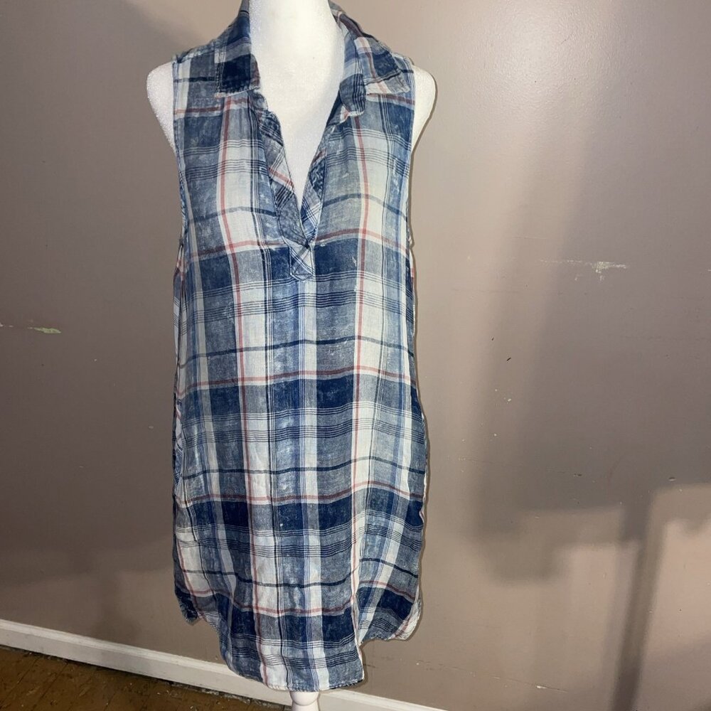 Cloth & Stone Chambray Dress Sleeveless Blue Plaid Pockets V Neck Sz S